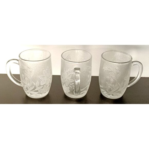 FROSTED FLORAL GLASS COFFEE TEA CUPS MUGS set of 3 Vintage Indonesia KIG Pasari - Picture 1 of 3